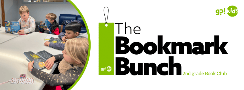 logo for The Bookmark Bunch book club & photo of kids reading