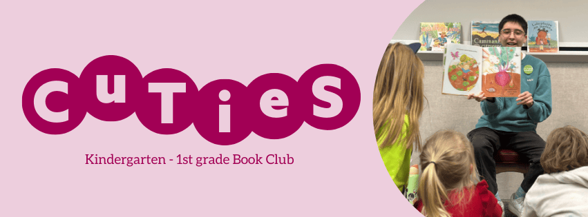 logo for cuties & photo of someone reading a picture book to three kids